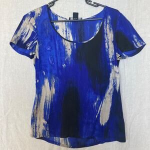 Banana Republic XS Blouse Strech Silk Blue Grey Patterned Short Sleeve Work